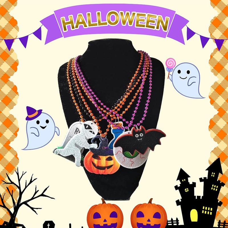Becfupo 18Pcs Halloween Bead Necklaces, Purple Orange Black Beaded Necklaces With Pumpkin Ghost Pendants For Halloween Party Favors, Halloween Trick or Treat Costume - Image 4